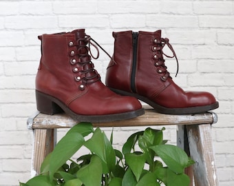 1980's LOUVRE Roper Booties || 37 Size 6. 5 to 7 Ladies || Lace Up Zip Up Maroon Burgandy Ankle Boots || Genuine Leather Made In Italy