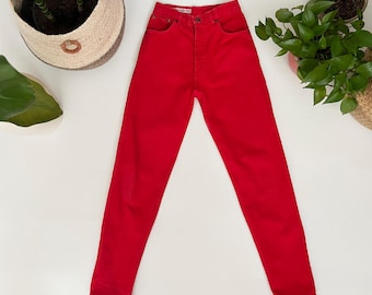80s Cherry Red Vintage Jeans | 25 Waist Size | Vintage High-Waist Tapered Leg Pants