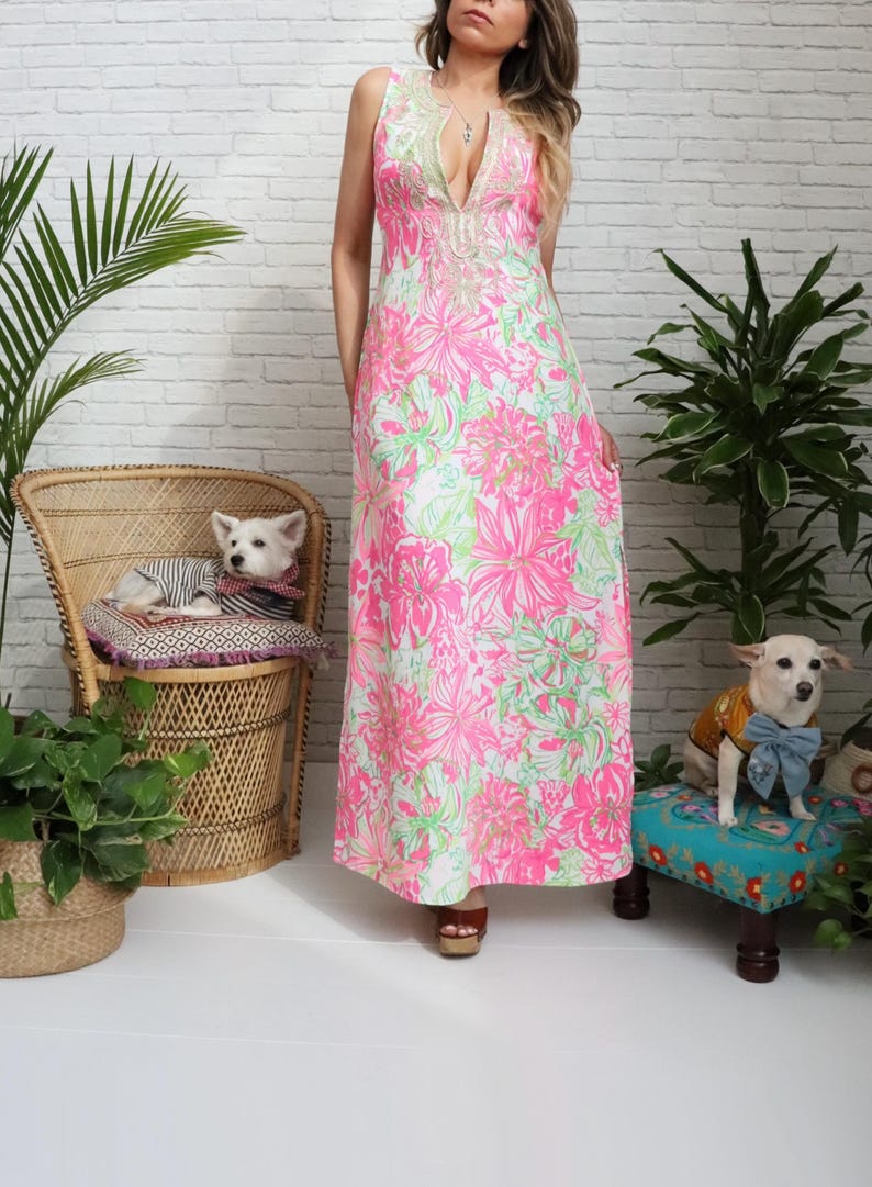 Lilly Pulizter Resort Maxi Dress | Small US 4 | Pink Green Gold Embroidered Soutache image 4