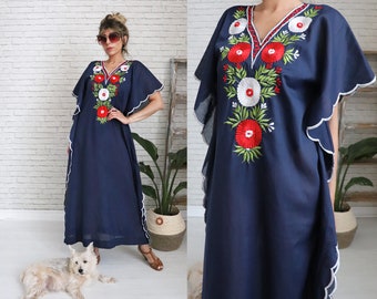 1970's Embroidered Caftan Dress || Free Size One Size || Navy Blue Cotton Deadstock Unworn Bohemian Hippie Floral Maxi With Scalloped Trim