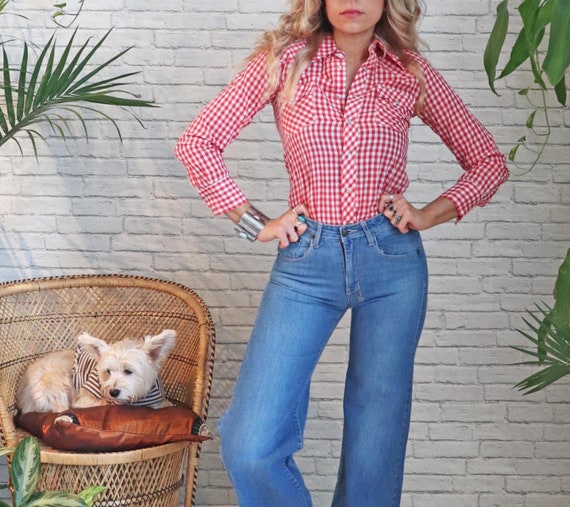 1970s Gingham Western Shirt || Extra Small XXS XS