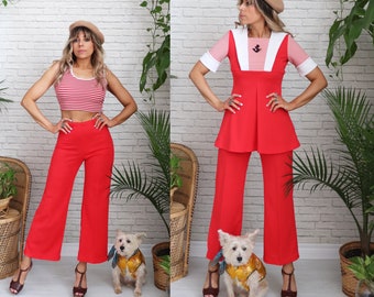 1960s 2 Piece Sailor Set // XS Size // Red White Two Piece Outfit // Bell Bottoms Peplum Waist // 70s 2 piece Set XS // Matching Polysester