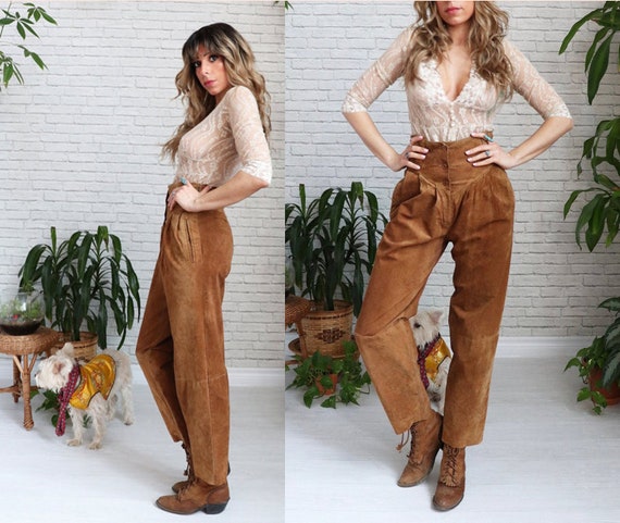 1980s Brown Suede Pants, High Waist Suede Pants, 8