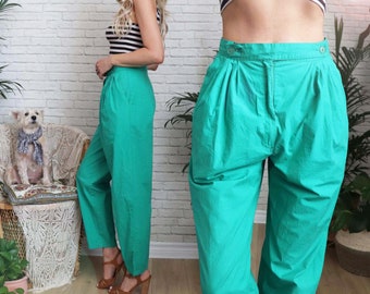 1980s Jade Italian Trousers, 27 Waist Green High Waist Cotton Pants, High Waisted Pleated Pants, Tapered Leg Relaxed Fit, Casual Summer