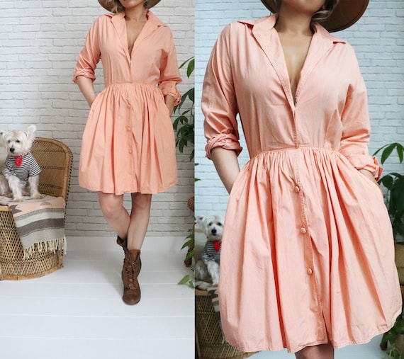 Vintage Shirt Dress Small Medium Size Long Sleeve Calvin Klein Classics Cotton Casual Shirtdress Peach Orange White Striped Print Etsy Ireland