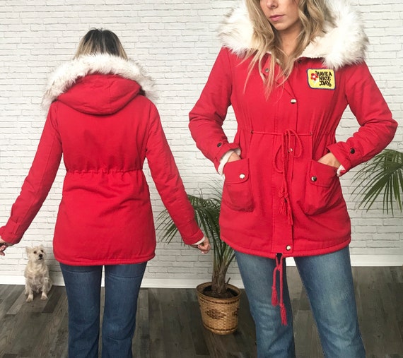 80s Red Hooded Parka, 1980s Eskimo Coat, Faux Fur