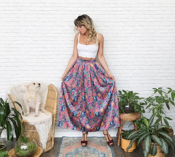 70s Paisley Satin Skirt, 1970s Psychedelic Skirt,