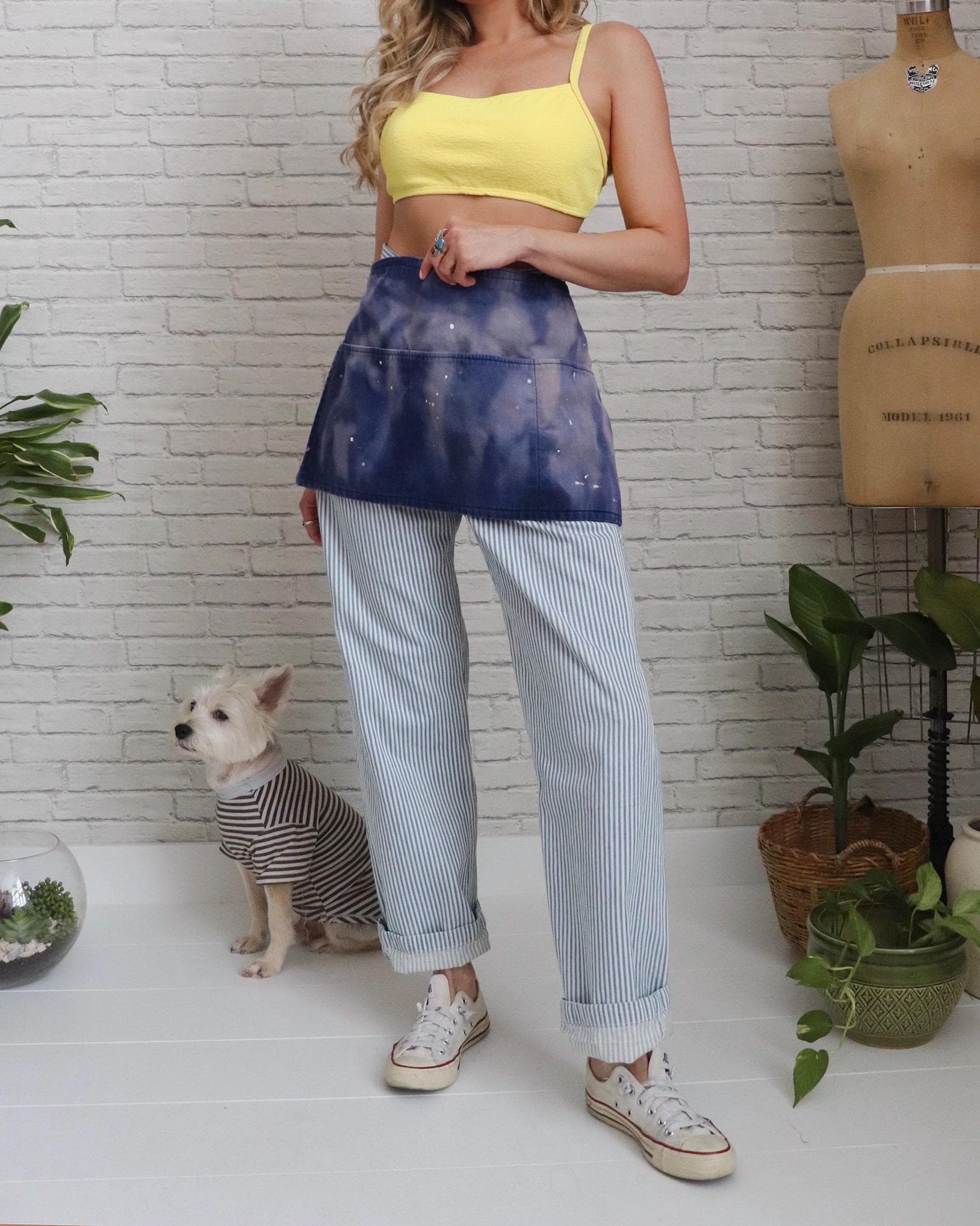 60s French Workwear Apron | Vintage Blue Cotton Artist Utility