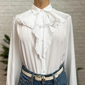 1980s Ruffled Poet Blouse | Small Medium | Cut Out Embroidered Ruffle Collar | Silky Polyester Fabric | Victorian Vintage Button Up Shirt