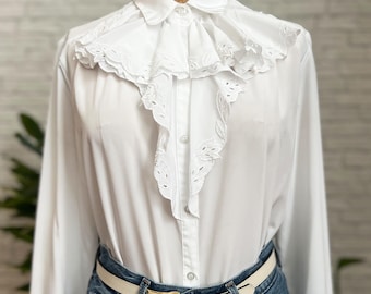 80s Ruffled Poet Blouse | Small Medium | Vintage White Embroidered Ascot Collar Top