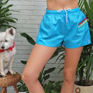Vintage 70er 80er Jahre Badeshorts | Mittelgroße Unisex Aquamarine Regenbogen gestreifte Kordelzug Badehose Deadstock NOS Board Surf Beach gefütterte Shorts