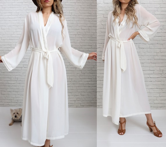 long white cotton dressing gown 80s White Chiffon Dressing Gown | Open Size | Vintage Semi Sheer Long  Loungewear Robe