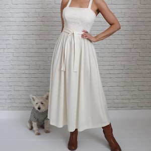 1970&#39;s 2 Piece Dress | Small Size | Vintage Crocheted Lace Cream Colored | Prairie Boho Wedding | Sleeveless Tie Back | Matching Jacket Top