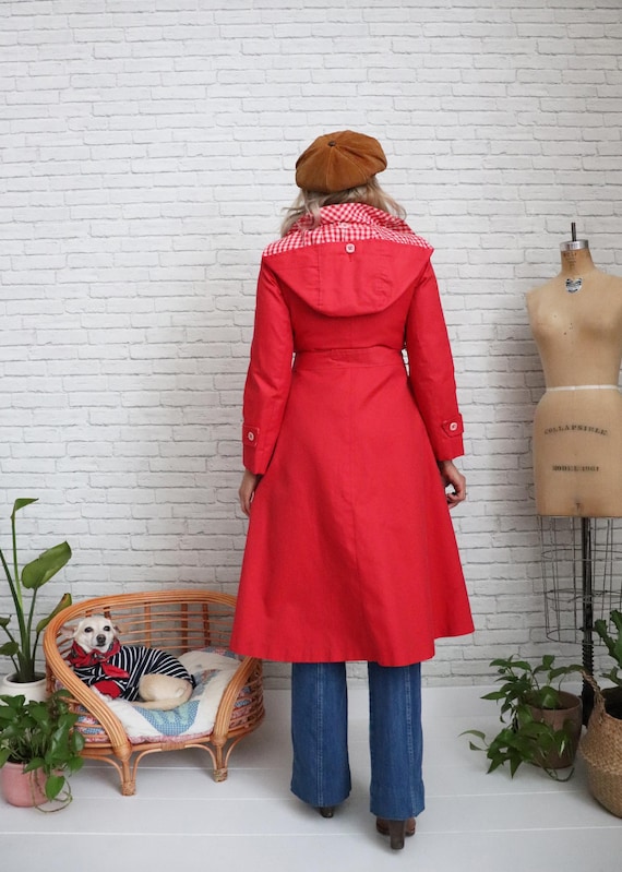 70s Cherry Red Trench Coat | XS Extra Small Size | Vintage Belted