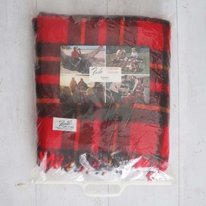 1960&#39;s FARIBO Plaid Cabin Blanket | Deadstock Red Tartan Soft Throw Vintage Faribault Woolen Mill Co., Red Yellow Black Fringe Trim, Unused