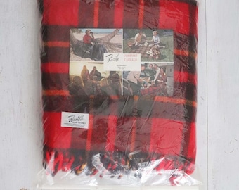 1960&#39;s FARIBO Plaid Cabin Blanket, Deadstock Red Tartan Soft Throw, Vintage Faribault Woolen Mill Co., Red Yellow Black Fringe Trim, Unused