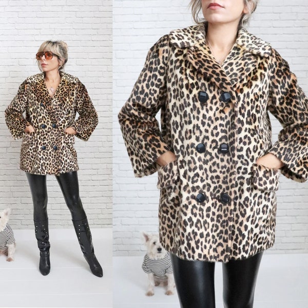 1950's Faux Leopard Coat | Small Size Ladies | Somali Collins & Aikmen Sportowne Animal Print Coat | Vegan Fur Animal Friendly Swing Peacoat