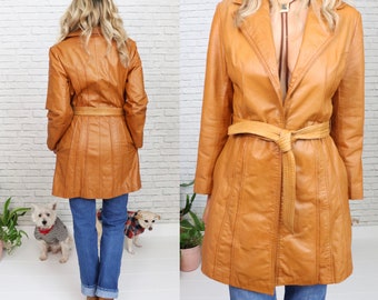 1970s Toffee Leather Jacket | XS To S Size | Brown Retro Vintage Wrap Jacket With Waist Belt | Suburban Heritage | Made In Taiwan |