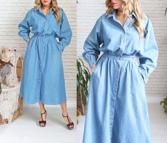 1970s Denim Shirt Dress • Women's Jean Dress • Lo… - image 1