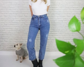 80s HOKO’s High-Waist Jeans | 25–26 Waist | Vintage Painted Blue Medium Wash Denim