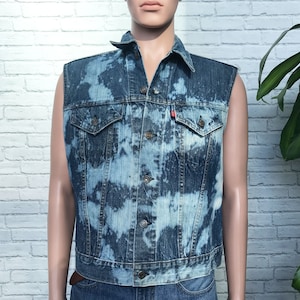 1980s Levis Custom Denim Vest • Mens Small Medium 34 • Hand Dyed Fabric • Upcycled Denim Vest • Customized Acid Bleach Vest •  Red Tab Vest
