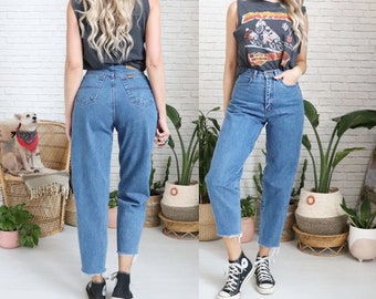 1980's High Waist Jeans || 25 Waist || Vintage High Rise Big John Dark Denim Zipper Waist Relaxed Tapered Leg Cut Off || Made In U.S.A ||