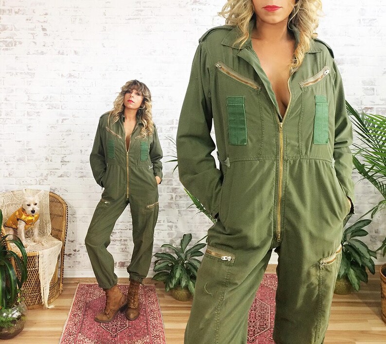 Size Small Vintage 70/'s 80/'s Military JUMPSUIT Army Workwear Coveralls| Safari Suit Army Green Flight Suit