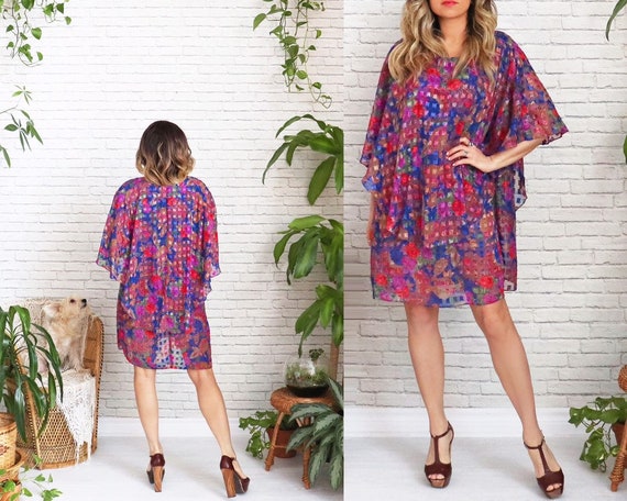 70's Paisley Cape Dress • Cape Collar Dress • Flor