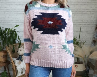 Vintage 80s Knit Sweater || Soft Lilac Pink Pastel Handknit Soft Acrylic Jumper || Size Medium Large || Crewneck Knitwear || Southwestern