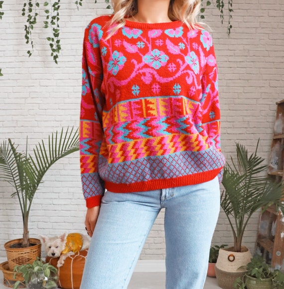 80s Slouchy Geometric Sweater || Oversized Medium