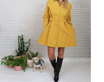 【80s】Vintage Shawl Collar Wool Coat USA 1980's Yellow Wool Coat, Small Size, Womens Ladies, Shawl
