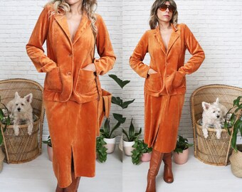 1960's 2 Piece Velour Set || Size Medium || Burnt Orange Ochre Color || Velour Soft Blazer || High Waist Slip On Skirt || Comfy Workwear