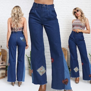 Jaren 70 Wrangler Patchwork Bell Bottoms | 27 tot 28 Taille | Hippie boho-denim met hoge taille