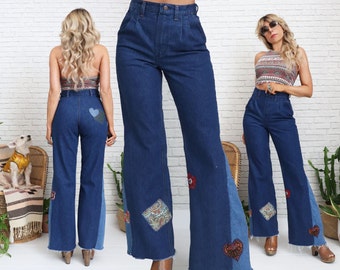 70s Wrangler Patchwork Bell Bottoms | 27 to 28 Waist | High Waist Hippie Boho Denim