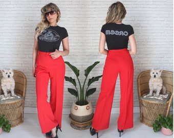 1970's Cherry Bell Bottom Pants || Size 26 Waist Disco Glam Wrinkle Resistant Pleated High Waist Waisted Slacks || Flared Red Trousers Bells