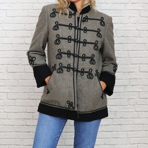 50s Wool Coat | XS To S | Military Band Jacket | Vintage Gray & Black Sergeant Peppers
