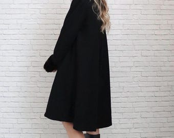 Martine Sitbon Wool Swing Coat | Medium | Vintage Faux Fur Trim