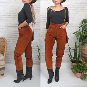 1980s Brown Suede Pants | 26 to 27 Waist | High Waisted Genuine Leather Trousers | Pelle Cuir Tapered Leg Pants