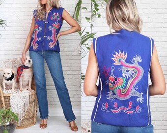 1960's EMBROIDERED Quilt Vest // Blue Dragon Vest // Handmade Cotton Vintage Quilt Vest // Frog Closures // Unisex // Size Medium