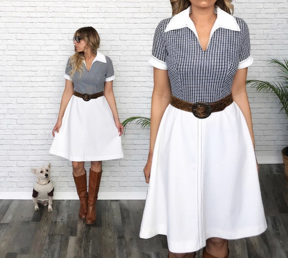 60's Navy Gingham Fit And Flare Dress
