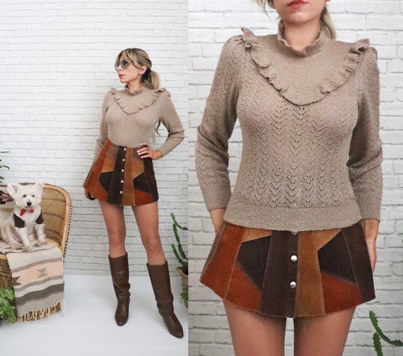 1970s Ruffle Eyelet Sweater | XS to Small | Deads… - image 1