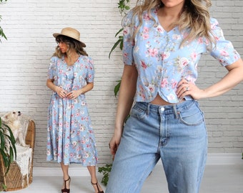 80s Two Piece Floral Maxi Dress • Baby Blue Maxi Dress Set • Folk Prairie Dress • 2 Piece Set • Matching Jacket •  Small Medium