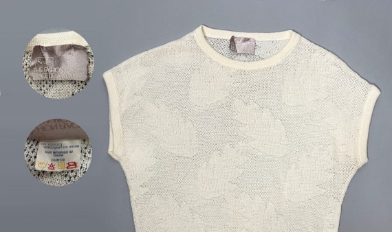 1970's Knit Plant Top | Small Medium Size | Cream… - image 4