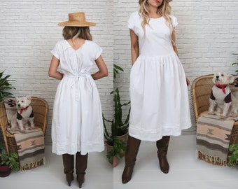 Vintage Cotton Prairie Dress | Medium Open Size | Embroidered White Boho Cap Sleeve Open Back Midi Summer Farm Dress | Button Up Back