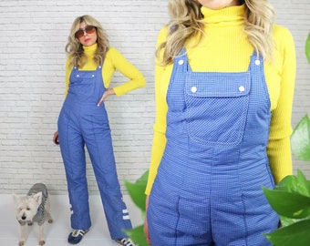 Pantalones de esquí con peto estilo años 70 / Talla pequeña / Pantalones de esquí de invierno vintage Pierre Sport a cuadros azules y blancos