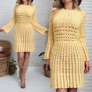 1970s Yellow Crochet Dress Small Medium Size Sunflower Yellow Boho Vintage Bell Sleeves Fitted Above Knee Length Bohemian Hippie Knit Dress