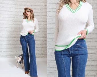 1970's Varsity Tennis Sweater | Green White V-Neck Pullover Jumper | Acrylic Stretch Fabric | Size Small To Medium