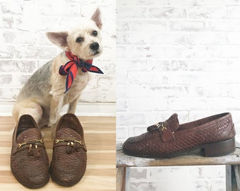 Mens 70s Brown Loafers,  Brown Slip On Shoes, Leather Woven Shoes, Brown Italian Shoes, Mens Dress Shoes,  Size 10 To 10.5