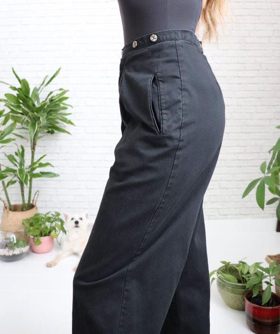 90s Black Wide Leg Trousers | 28 Waist | Vintage Cotton Pleated