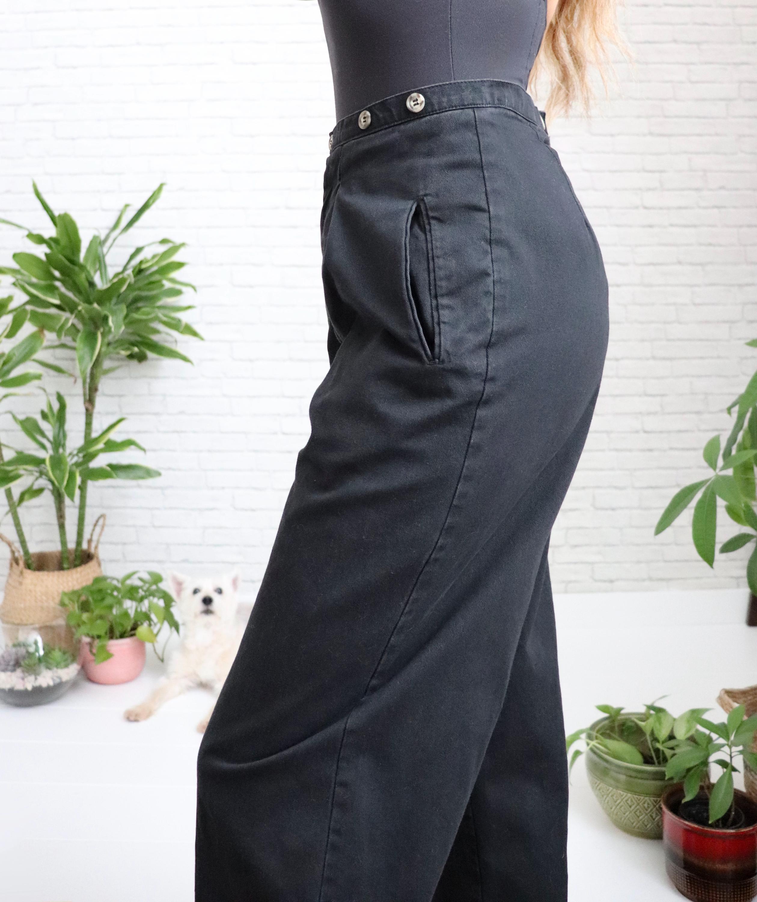 90s Black Wide Leg Trousers | 28 Waist | Vintage Cotton Pleated
